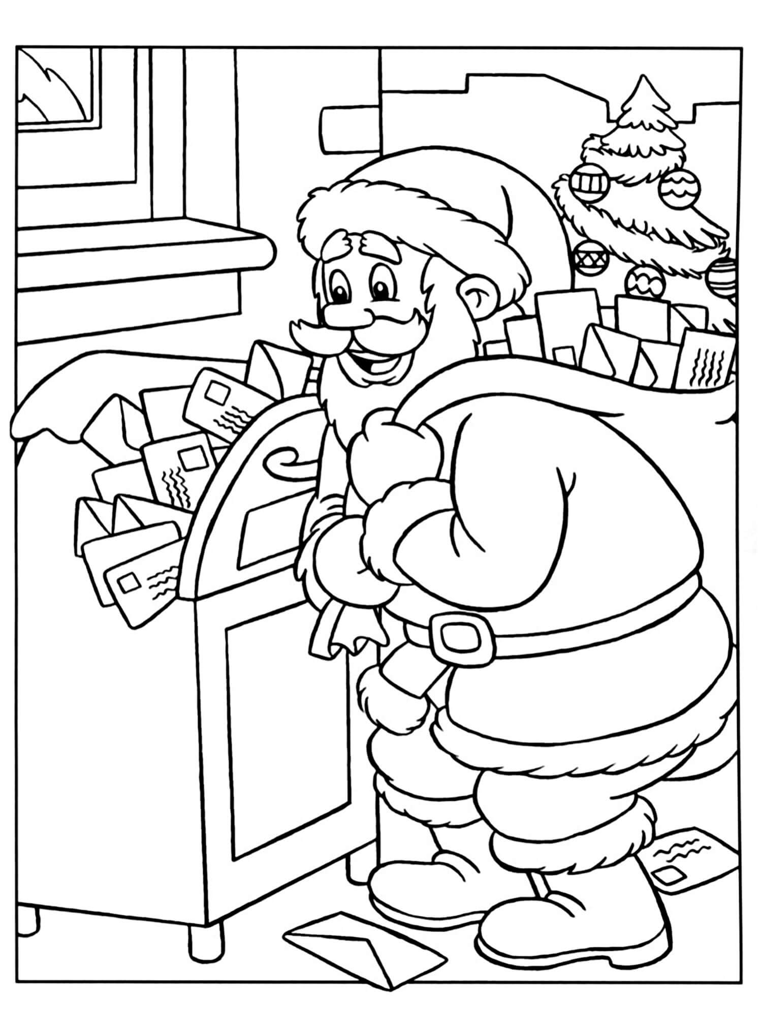 Раскраска Санта Клаус достаёт письма из почтового ящика
