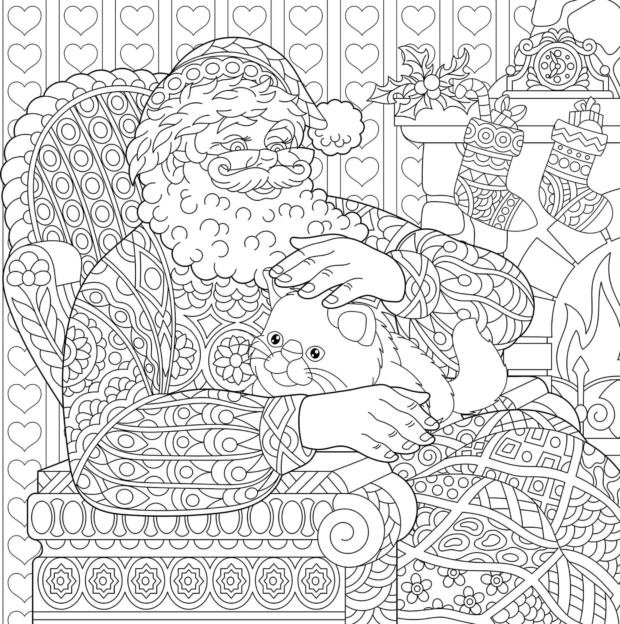 Раскраска Санта Клаус и кошечка