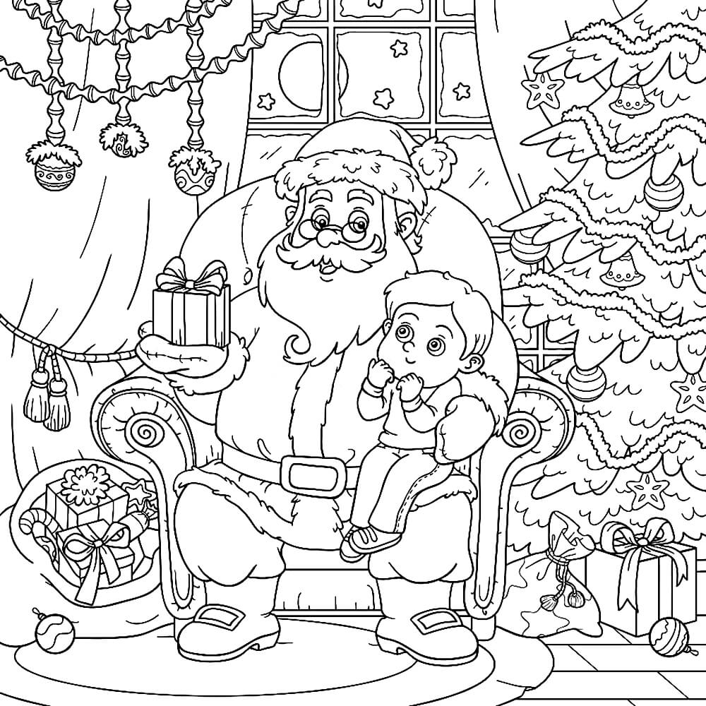 Раскраска Санта Клаус и маленький мальчик