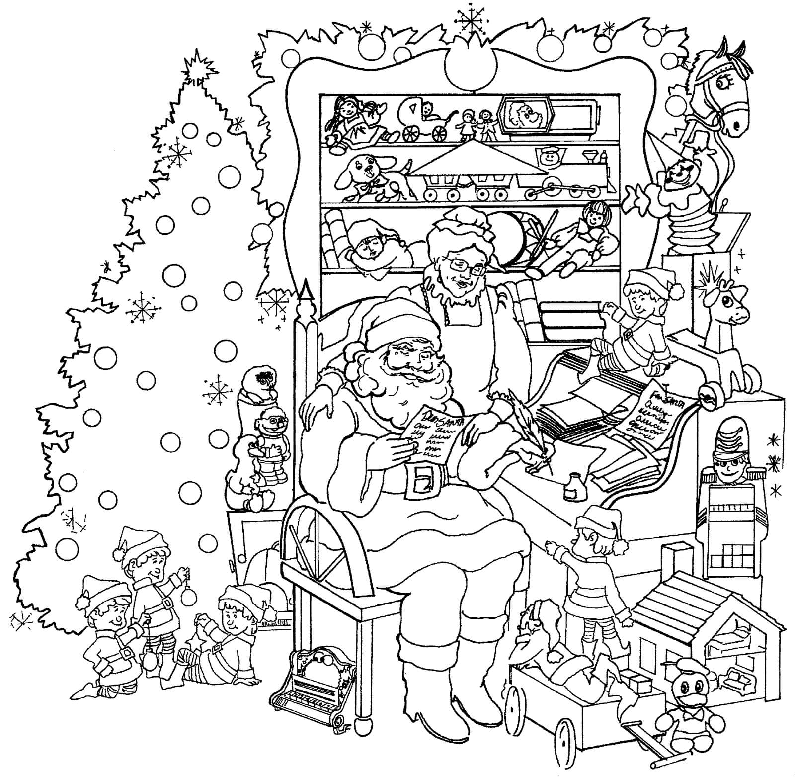Раскраска Санта Клаус и Миссис Клаус читают письма