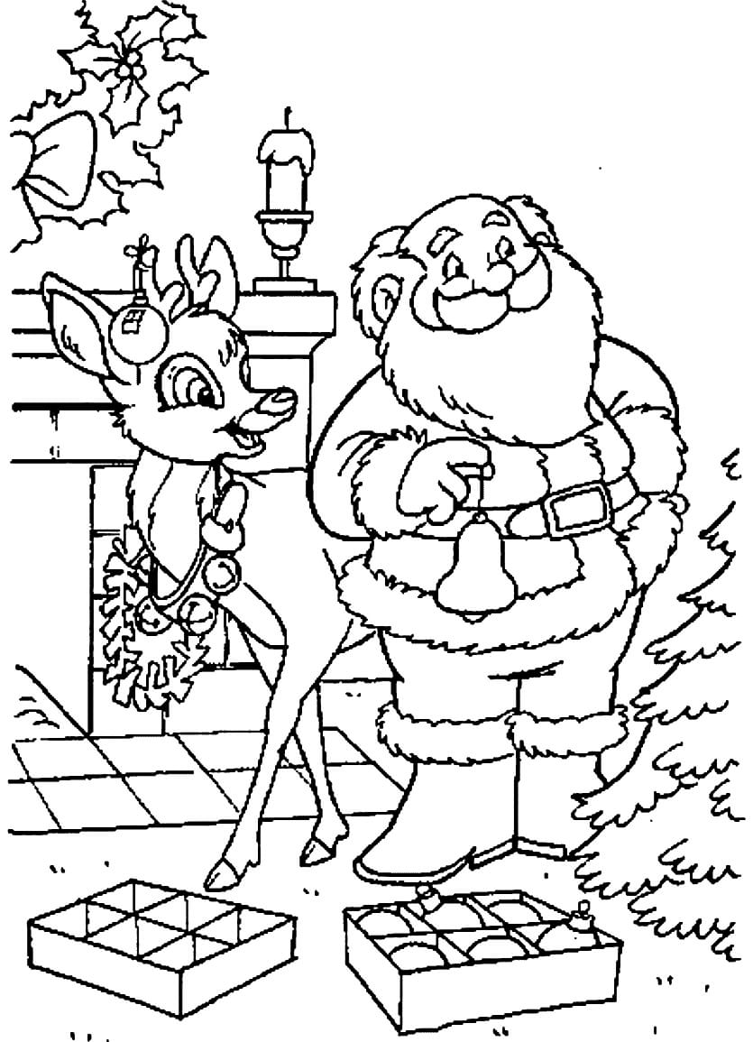 Раскраска Санта Клаус и олень наряжают ёлочку