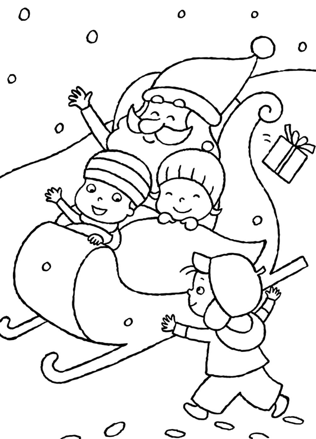 Раскраска Санта Клаус катает детей на санях