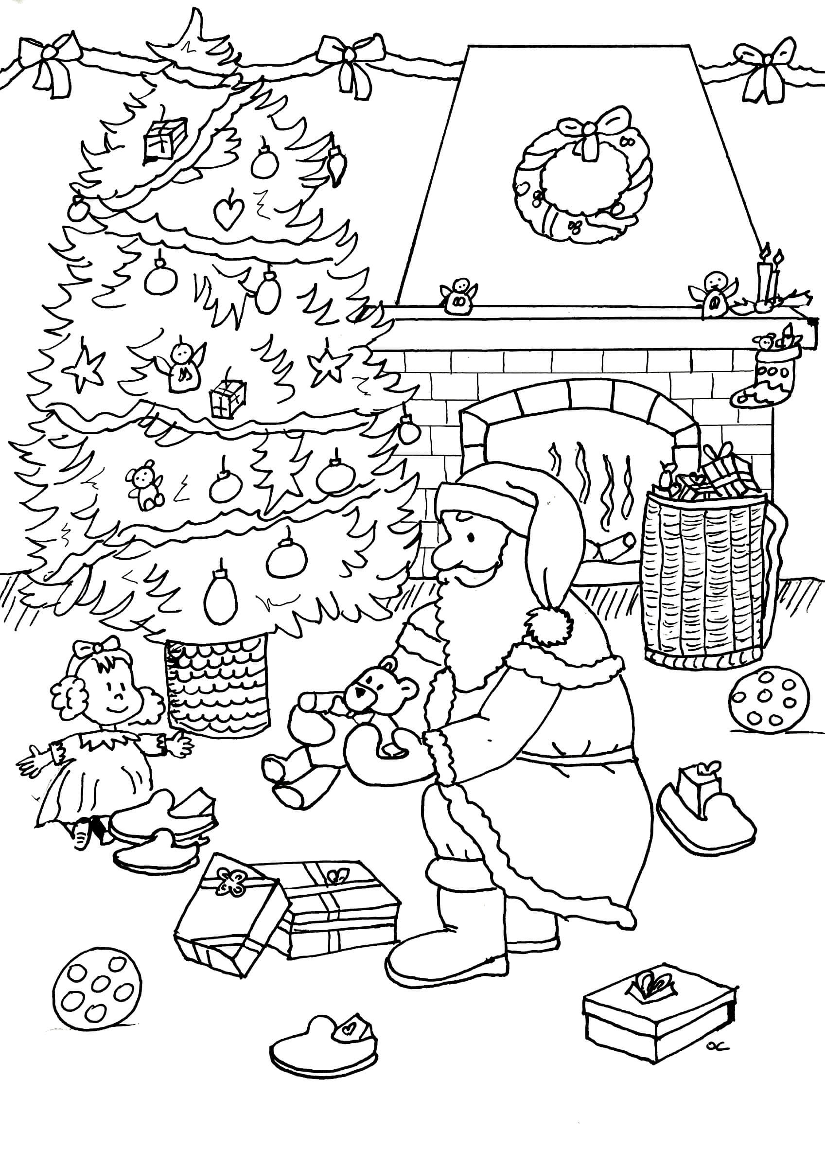 Раскраска Санта Клаус кладёт мишку под ёлку