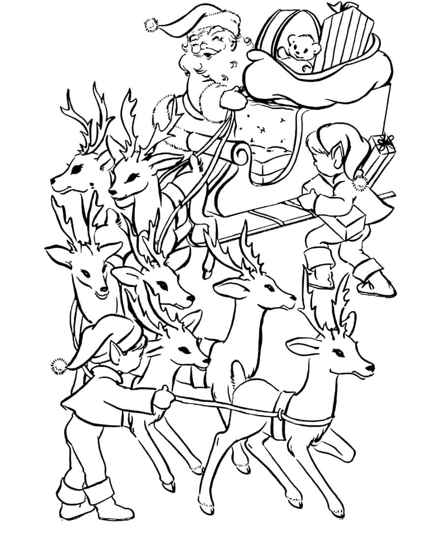 Раскраска Санта Клаус, олени и эльфы
