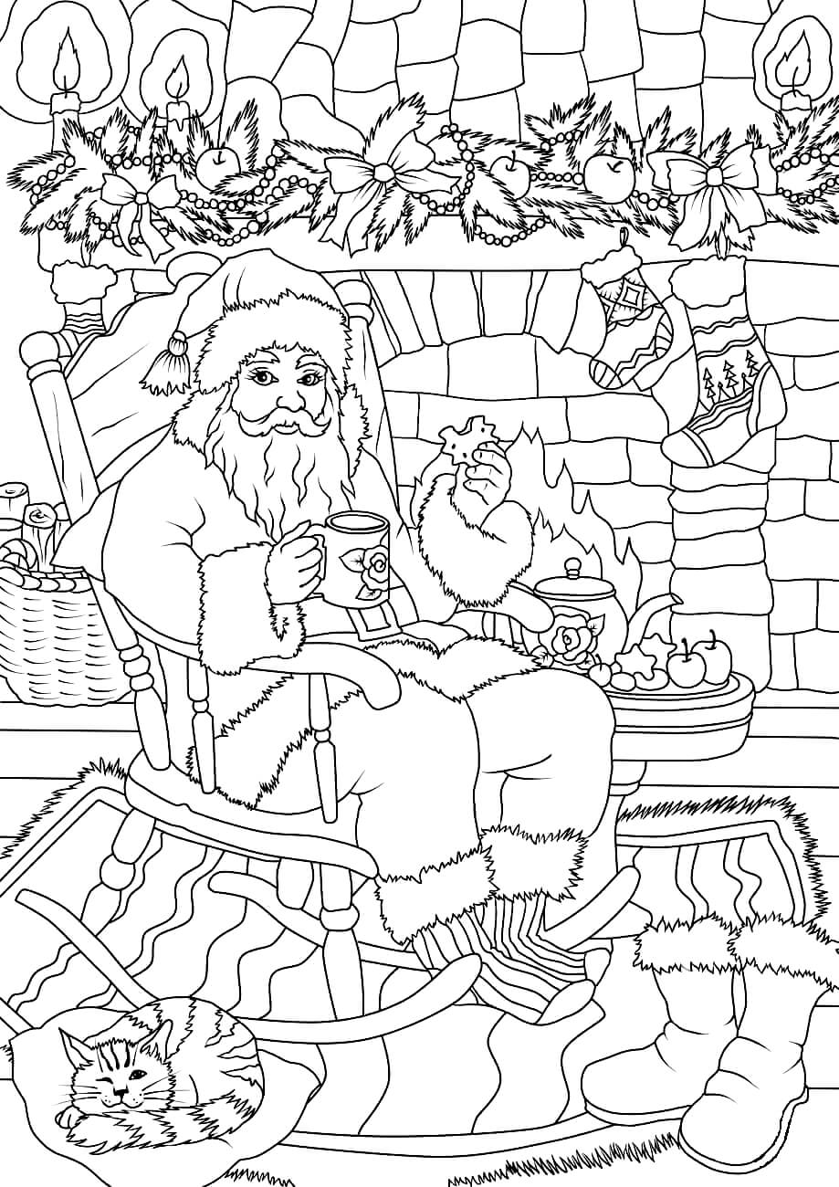 Раскраска Санта Клаус пьёт чай