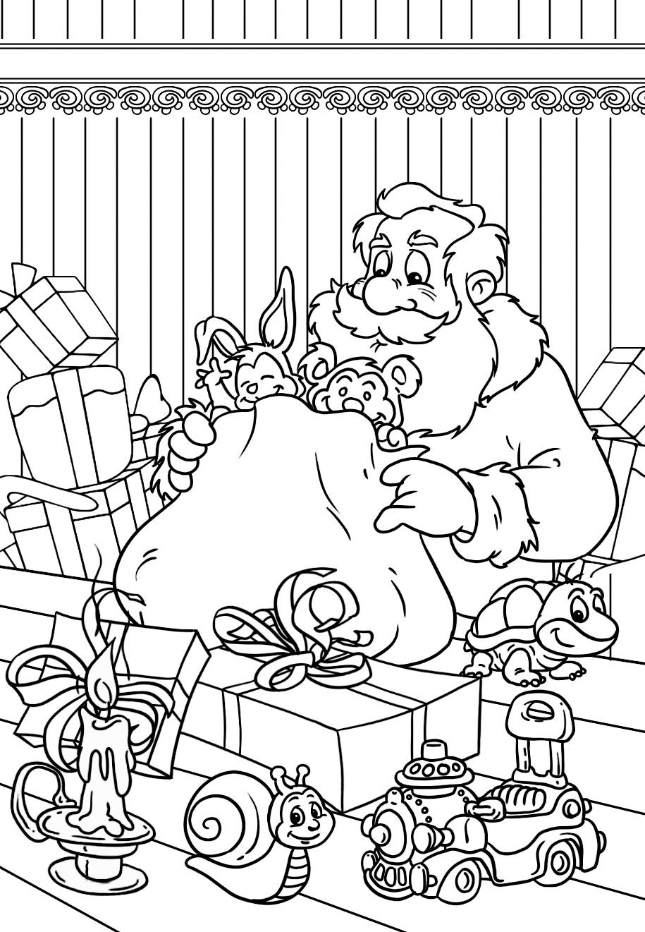 Раскраска Санта Клаус собирает подарки в мешок