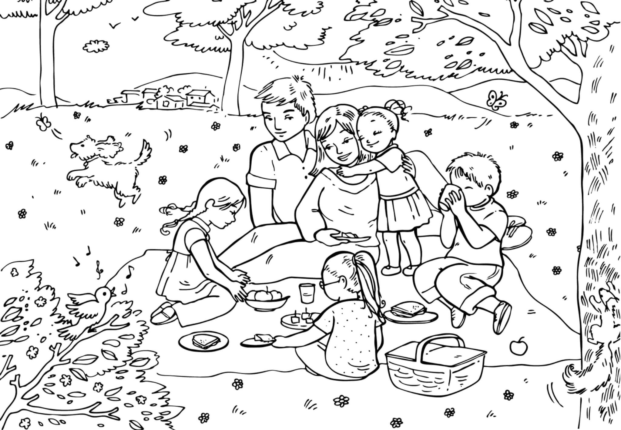 Раскраска Семья отдыхает на пикнике