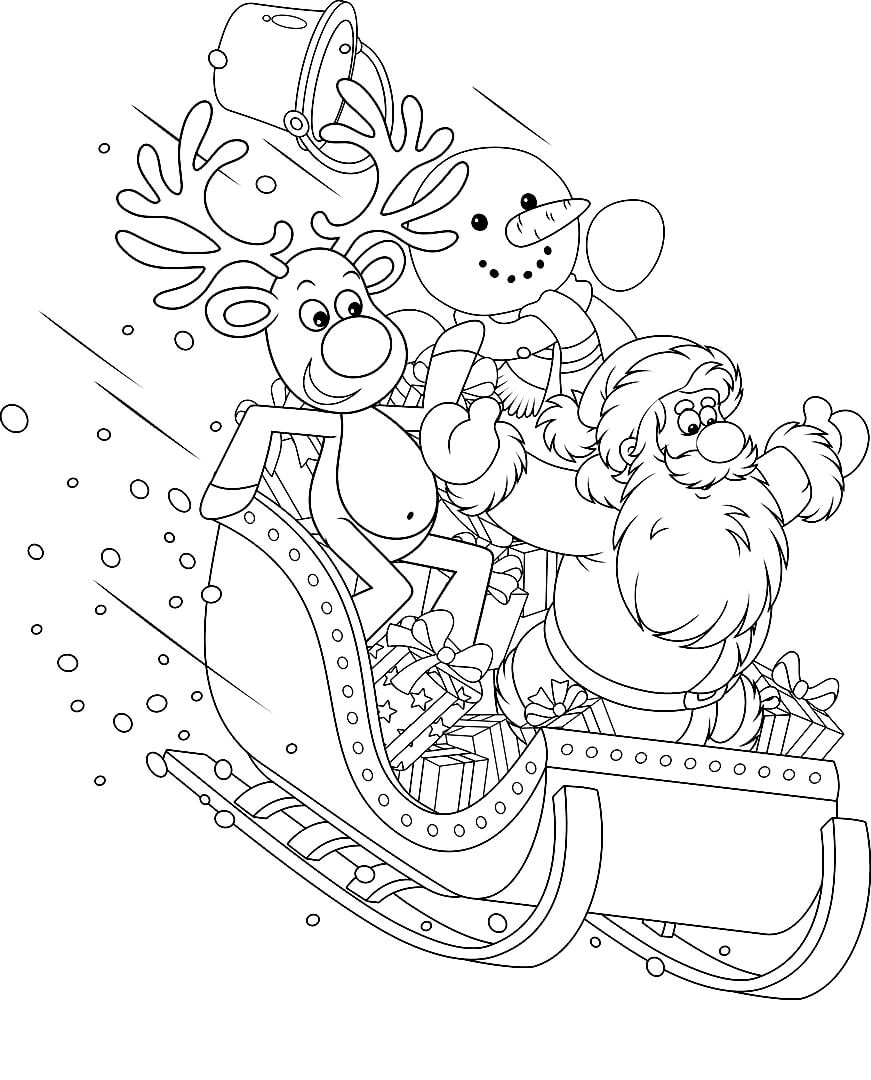 Раскраска Снеговик, Дед Мороз и олень едут на санях