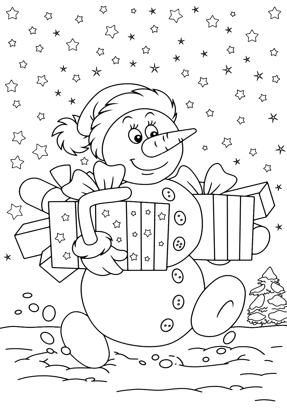 Раскраска Снеговик несёт подарочки