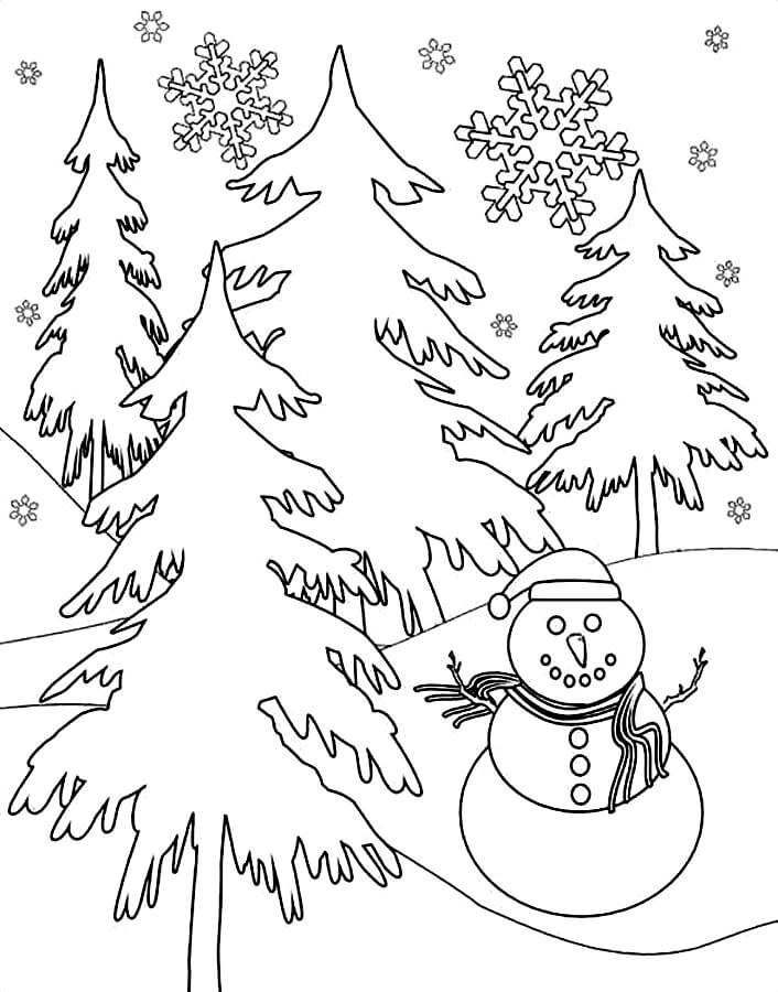 Раскраска Снеговик в заснеженном лесу