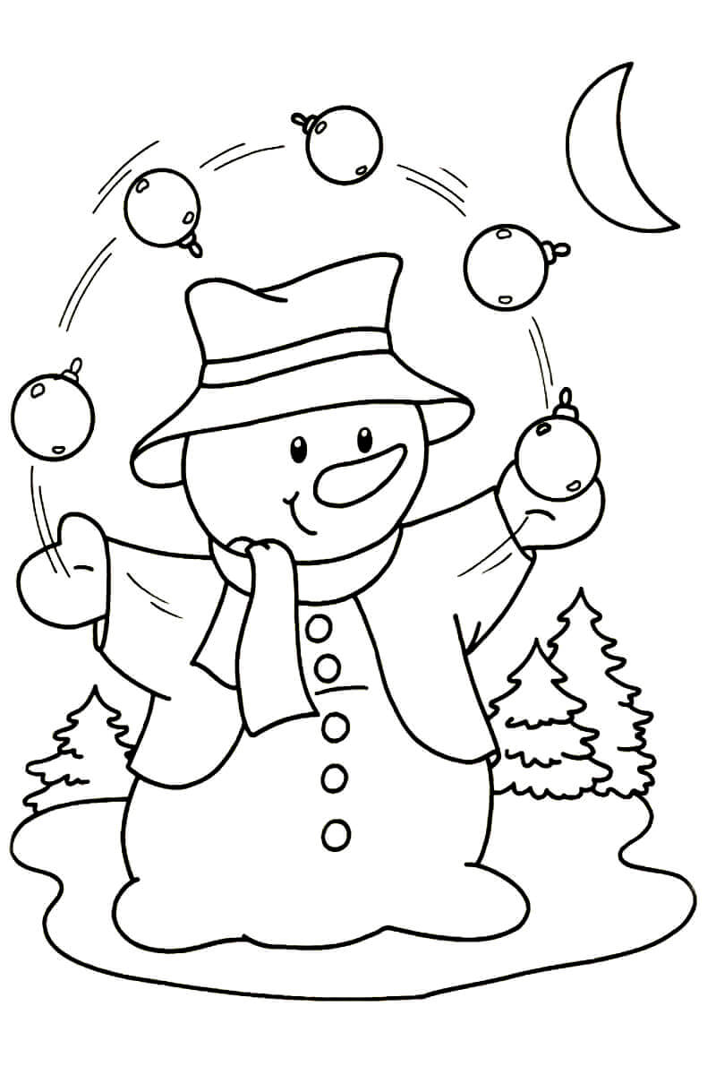 Раскраска Снеговик жонглирует ёлочными шариками
