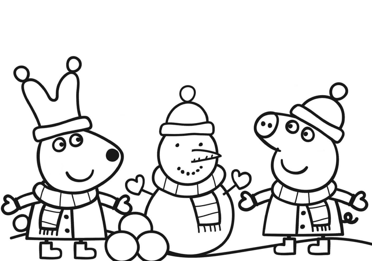 Раскраска Свинка Пеппа и Поросёнок Джордж слепили снеговика