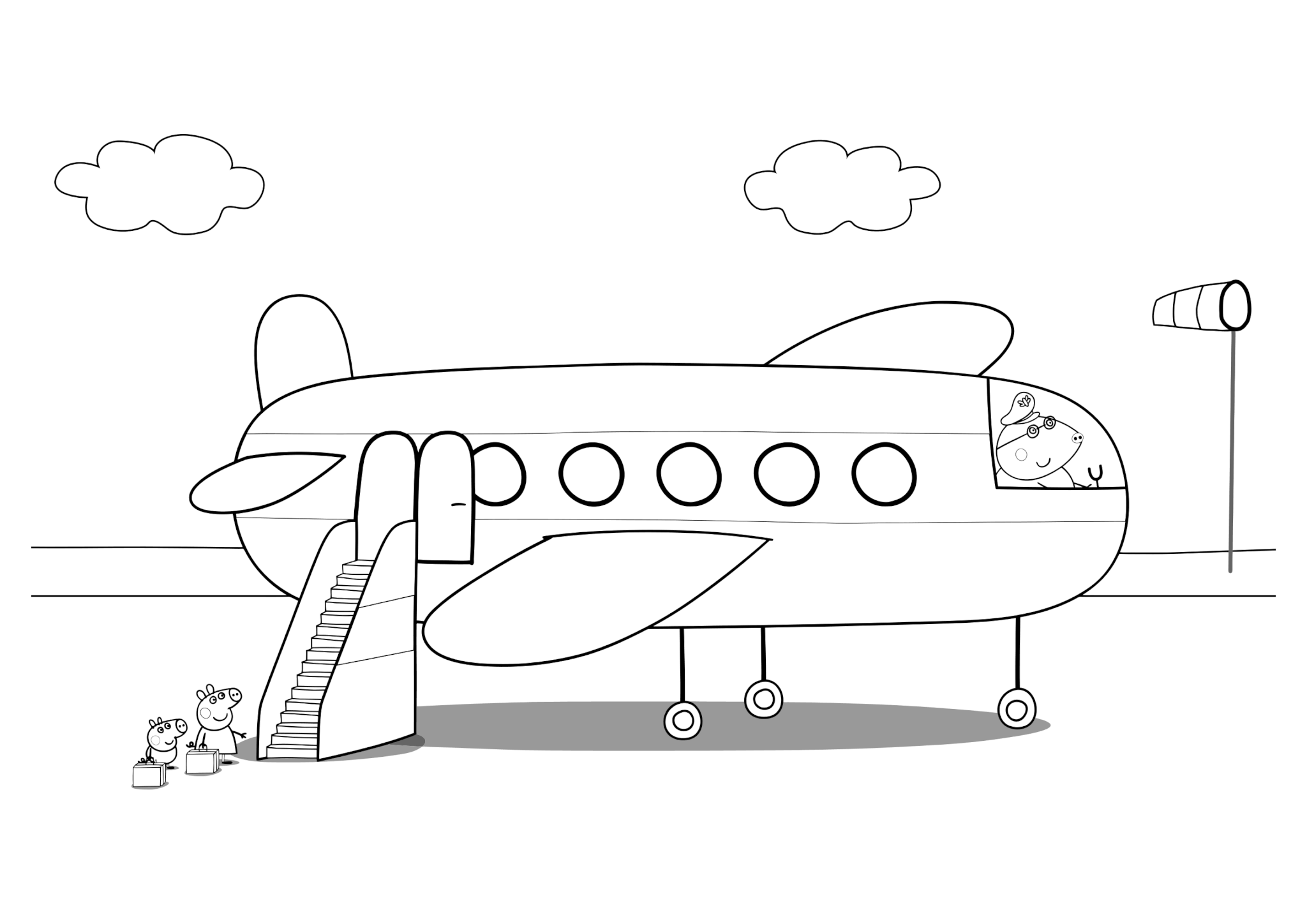 Раскраска Свинка Пеппа с Джорджем возле самолета