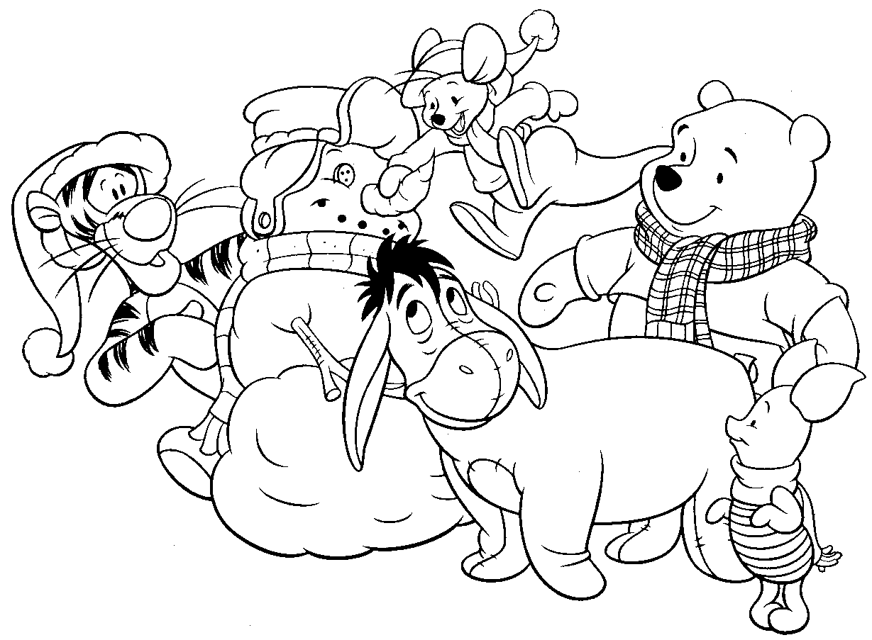 Раскраска Винни Пух и его друзья лепят снеговика
