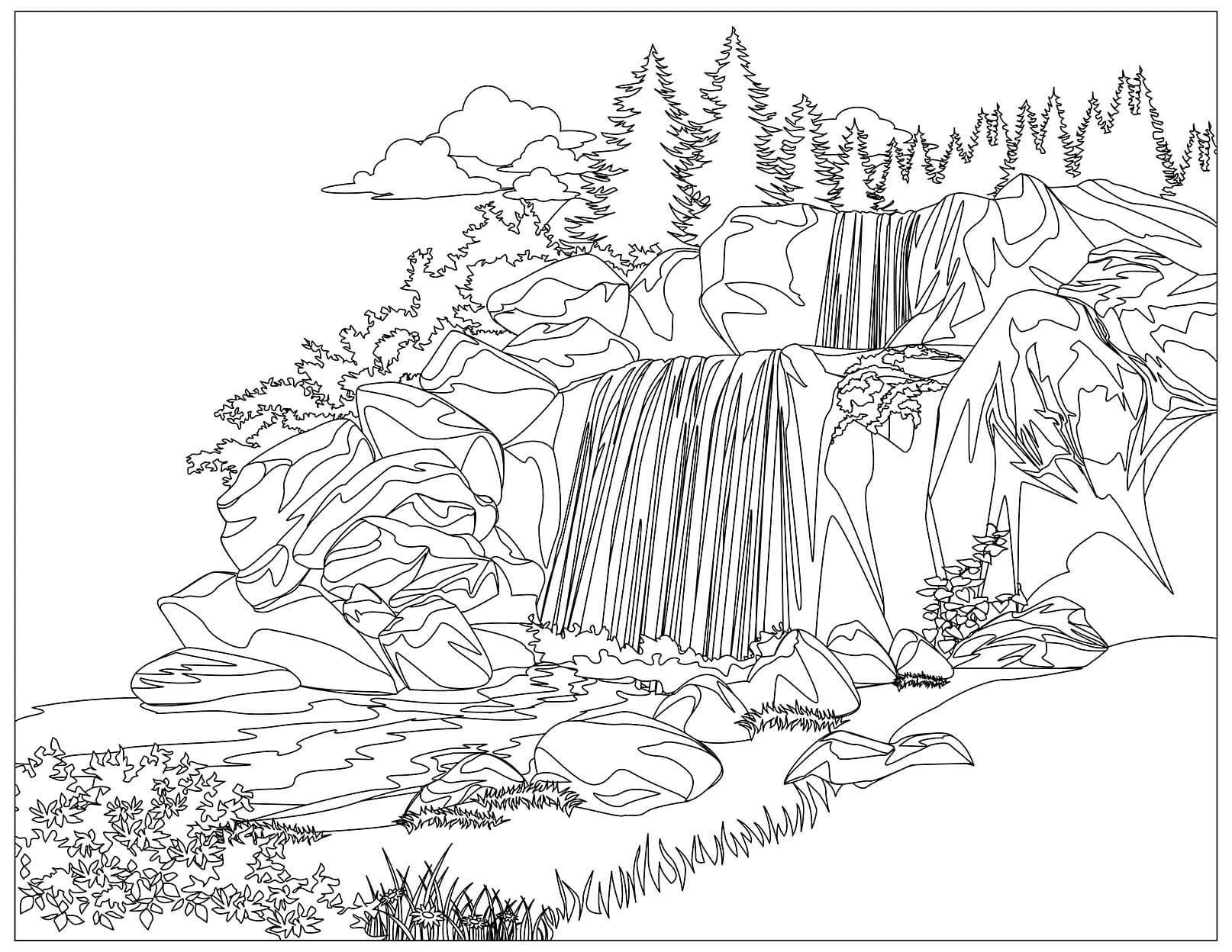Раскраска Водопад в горах