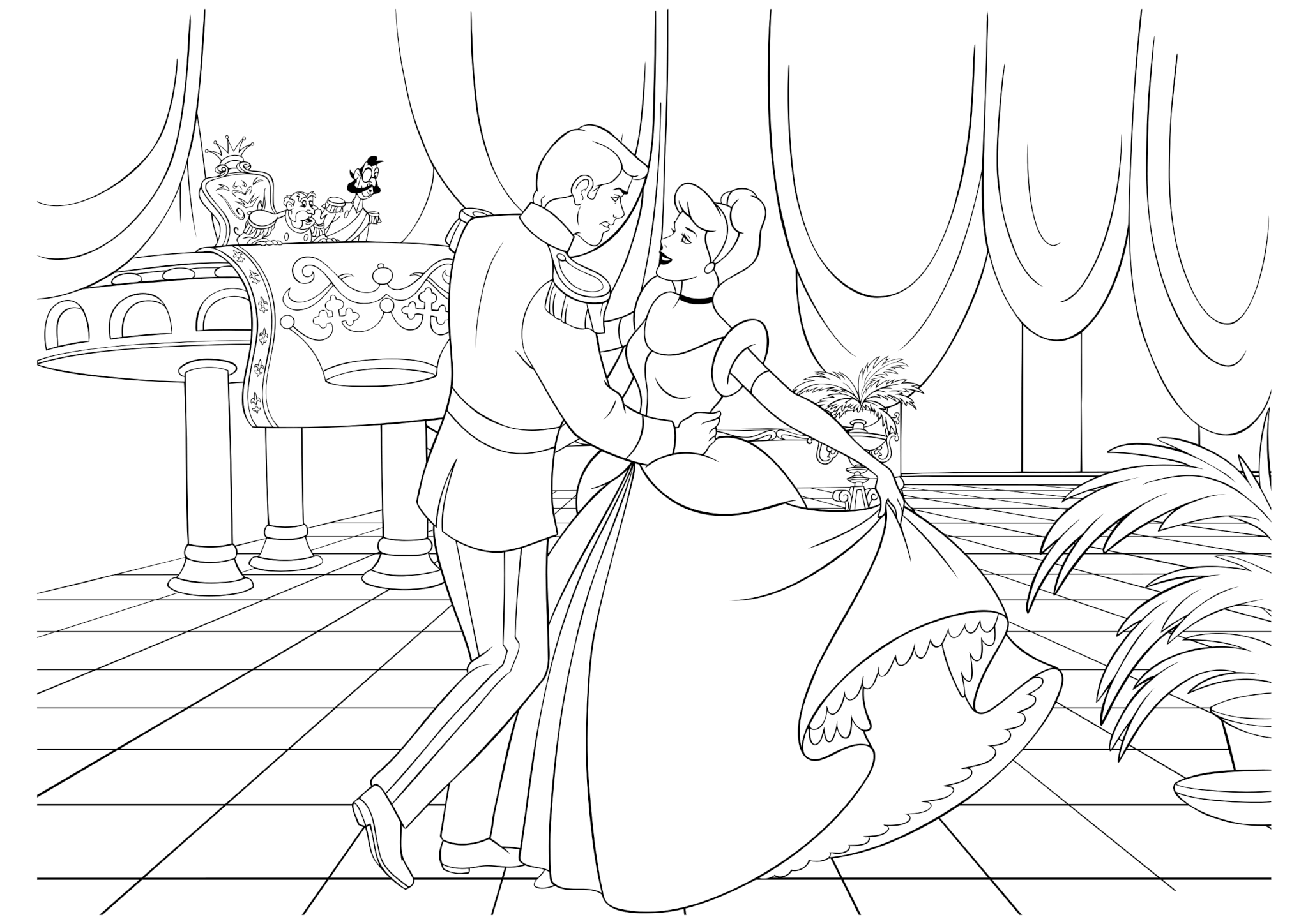 Раскраска Золушка танцует с принцем на балу
