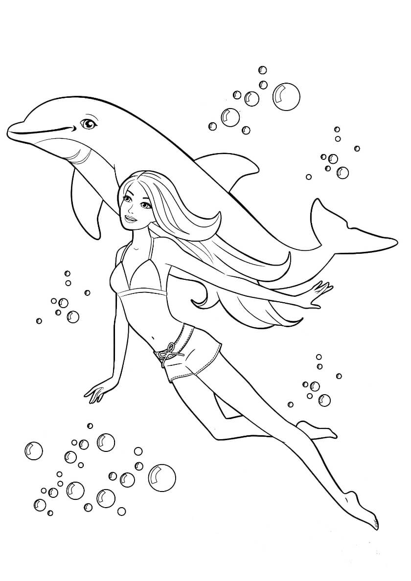 Раскраска Барби и дельфин