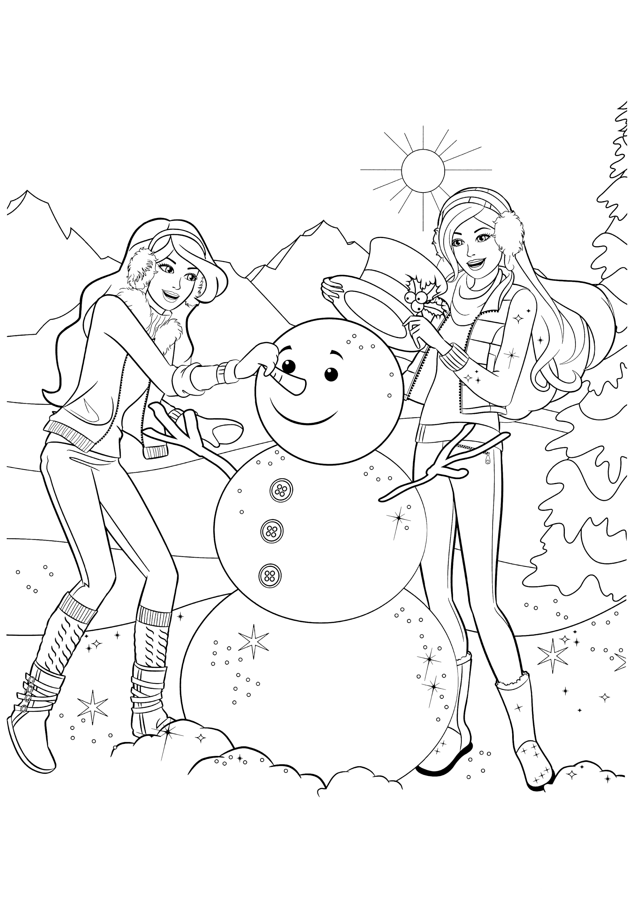 Раскраска Барби лепят снеговика