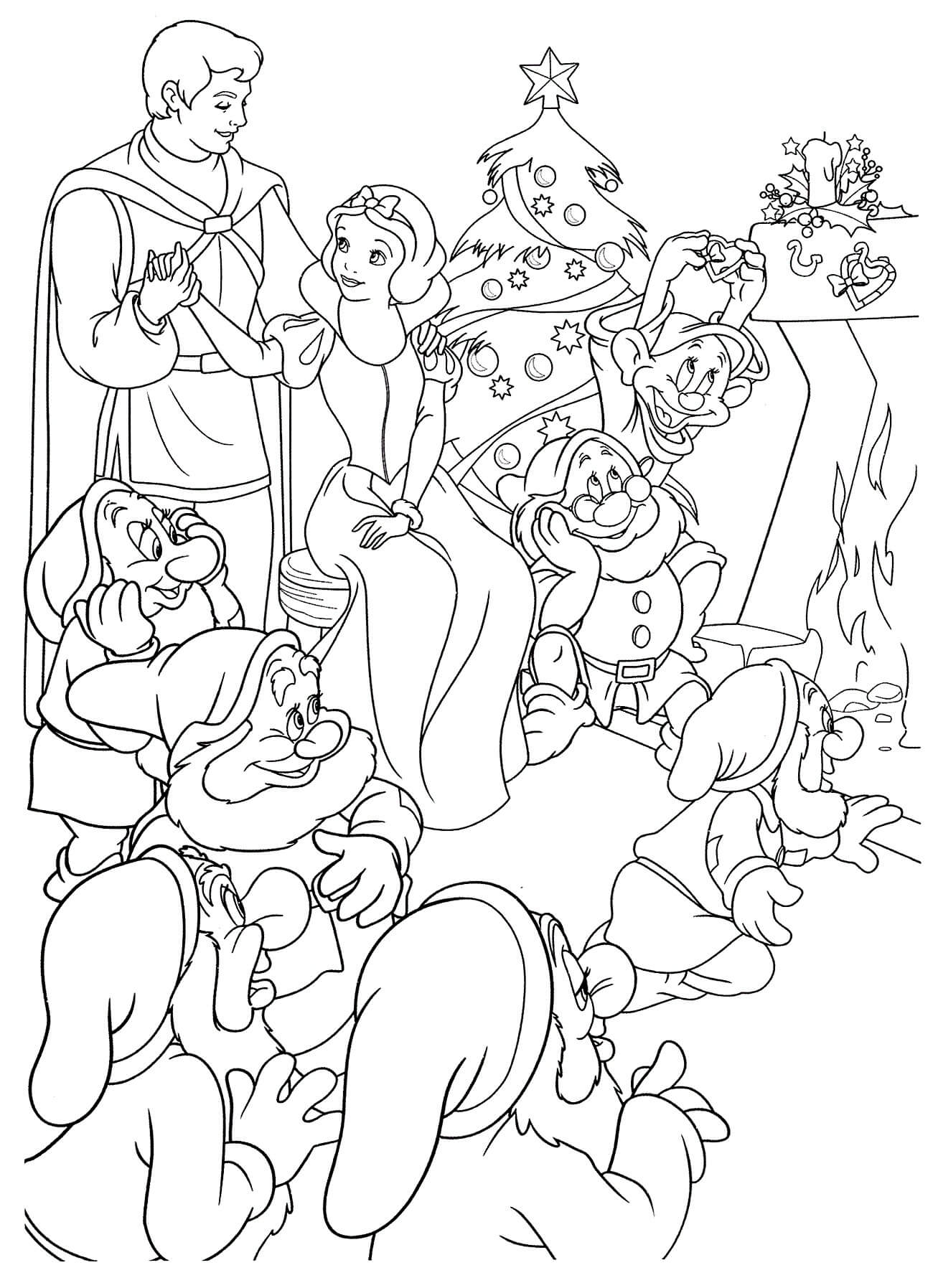 Раскраска Белоснежка, Принц и семь гномов