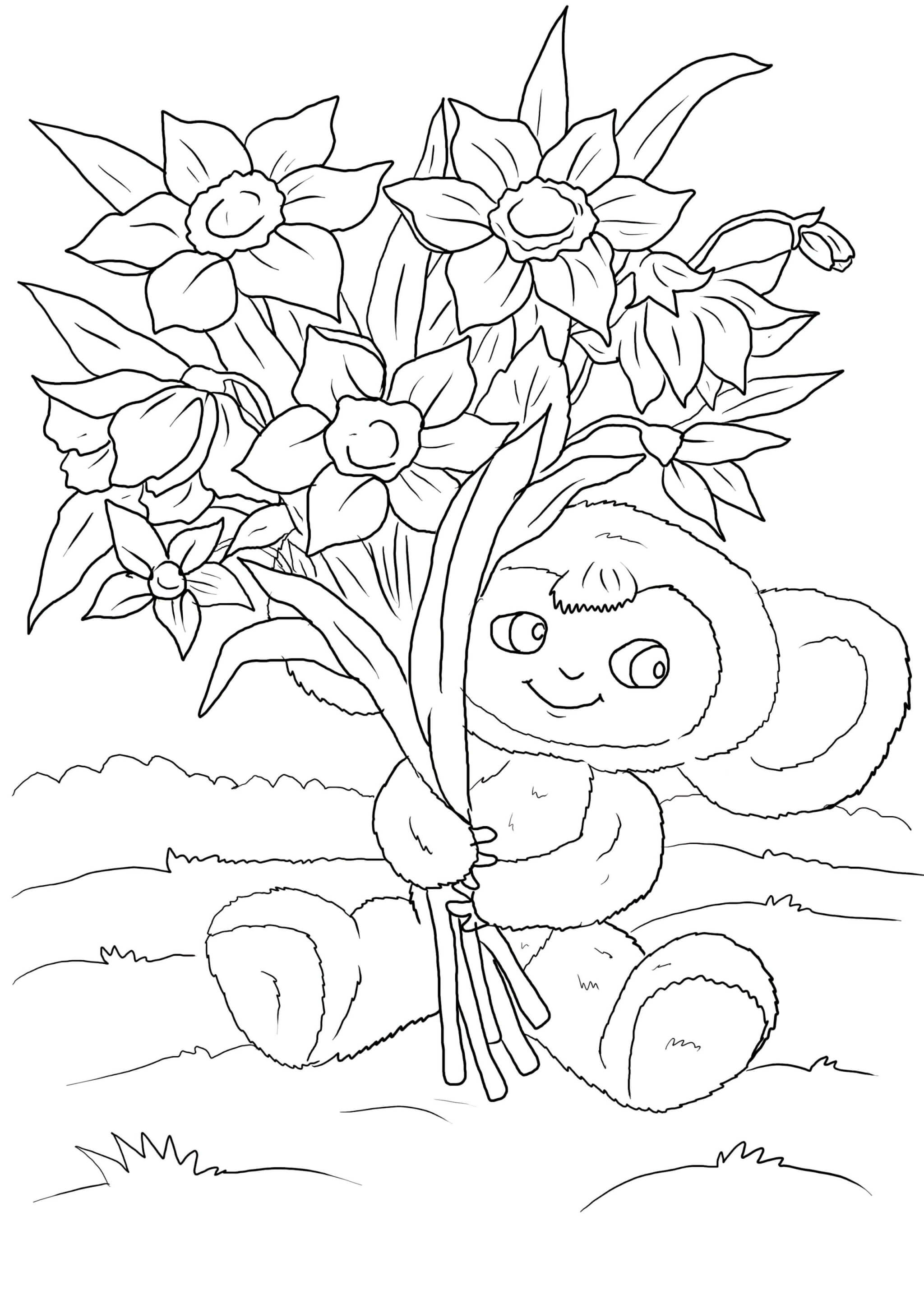 Раскраска Чебурашка с цветочками