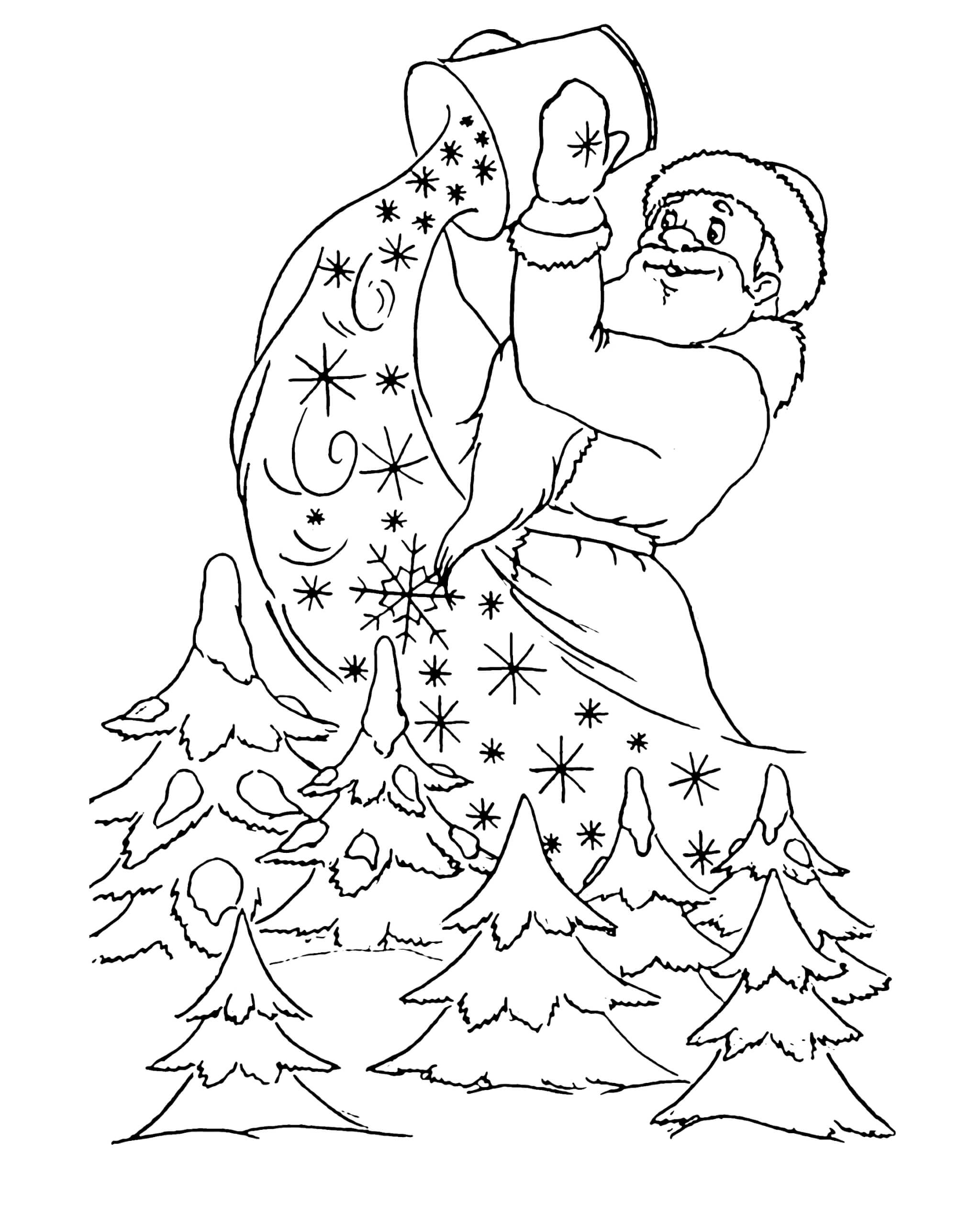 Раскраска Дед Мороз и зимний лес