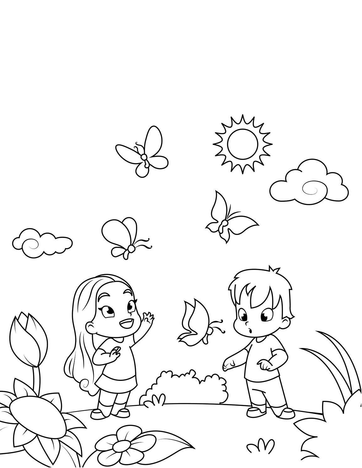 Раскраска Дети и бабочки