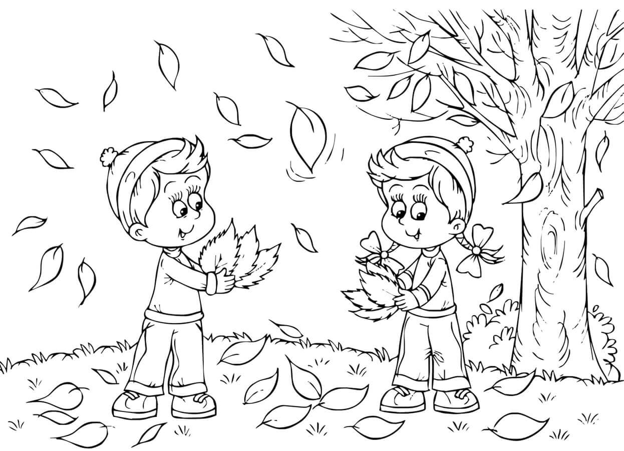 Раскраска Дети и листья