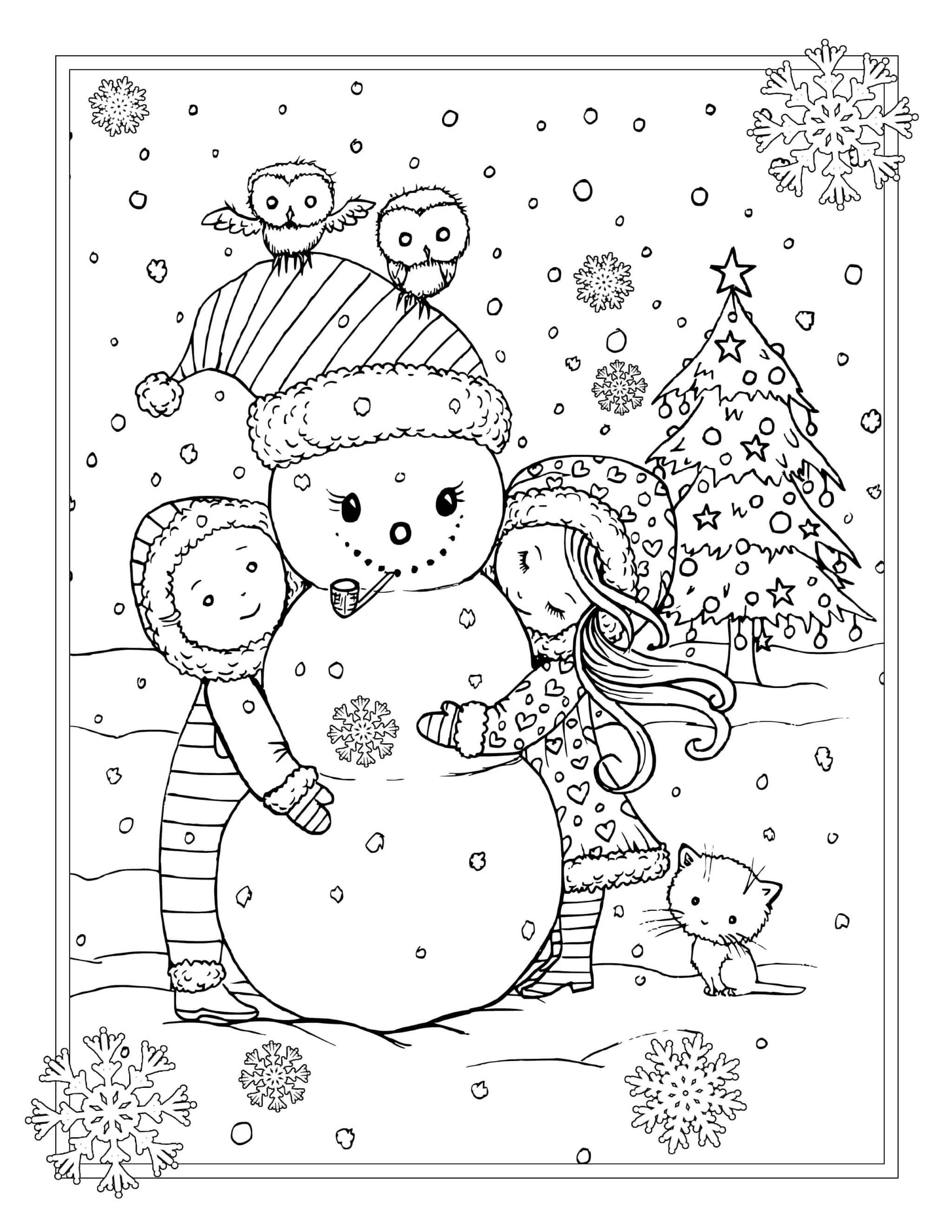 Раскраска Дети обнимают снеговика
