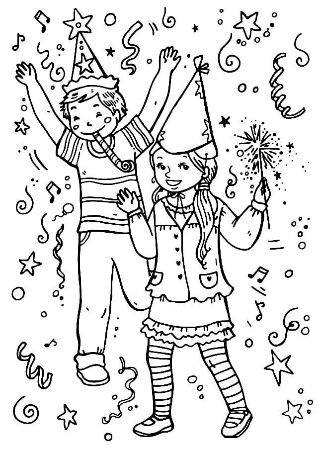 Раскраска Дети празднуют Новый год