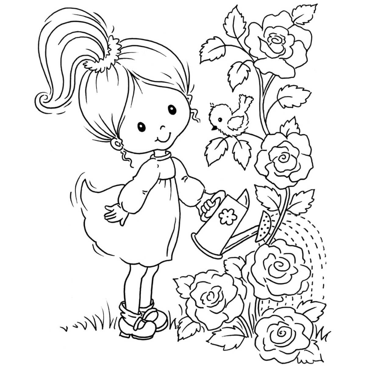 Раскраска Девочка поливает цветочки