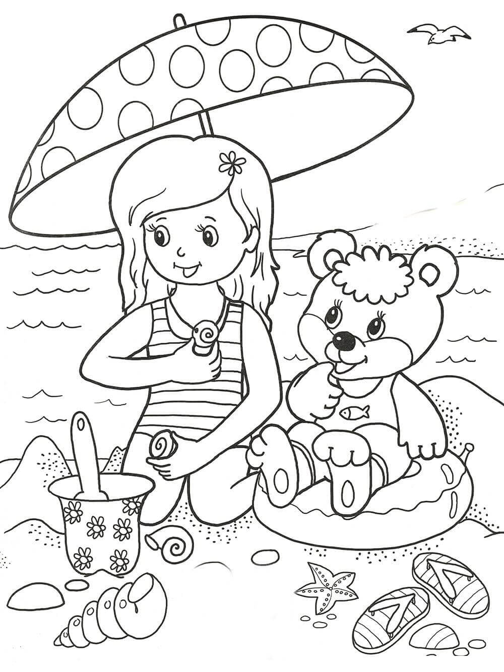 Раскраска Девочка с мишкой на пляже