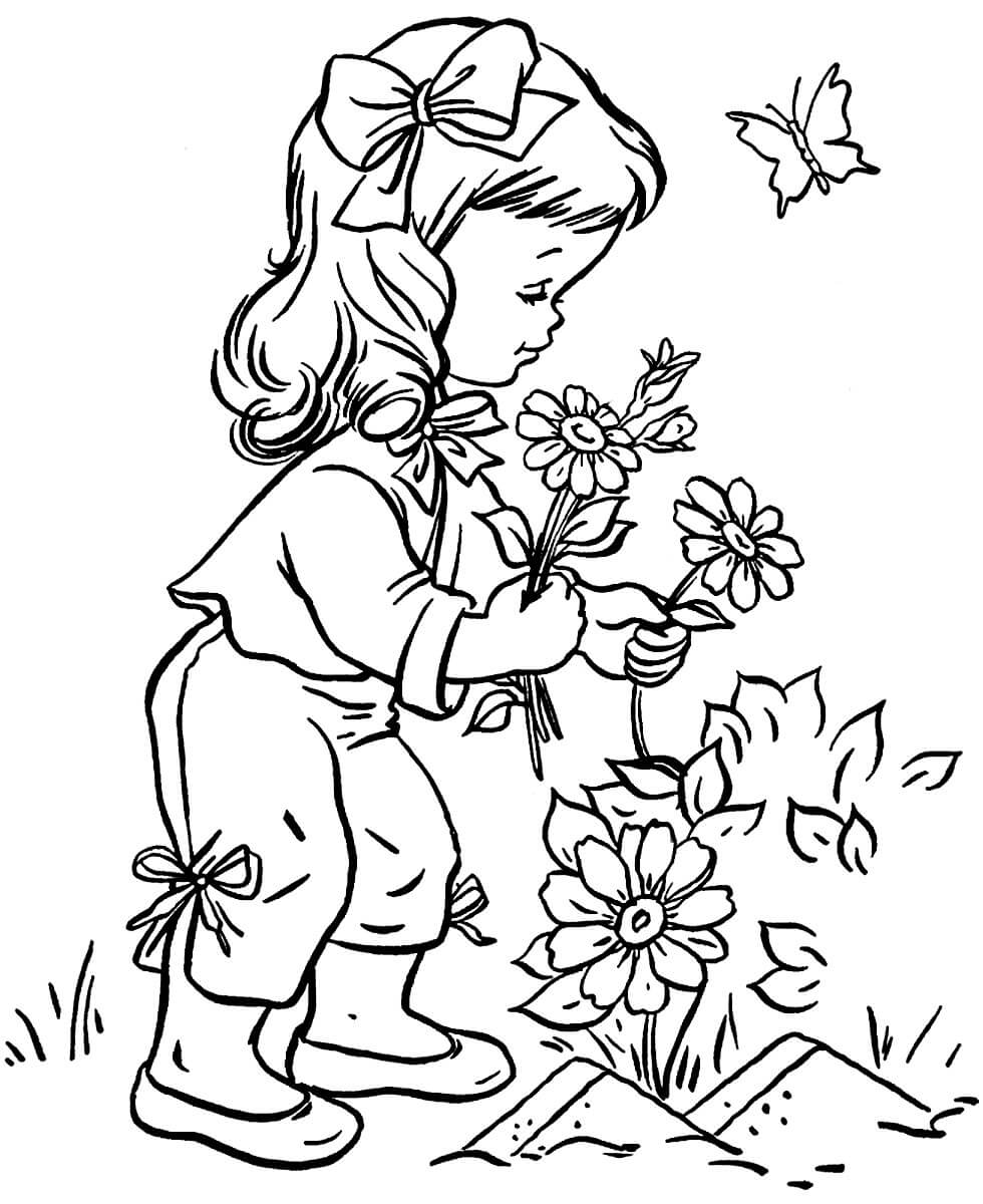 Раскраска Малышка собирает цветочки