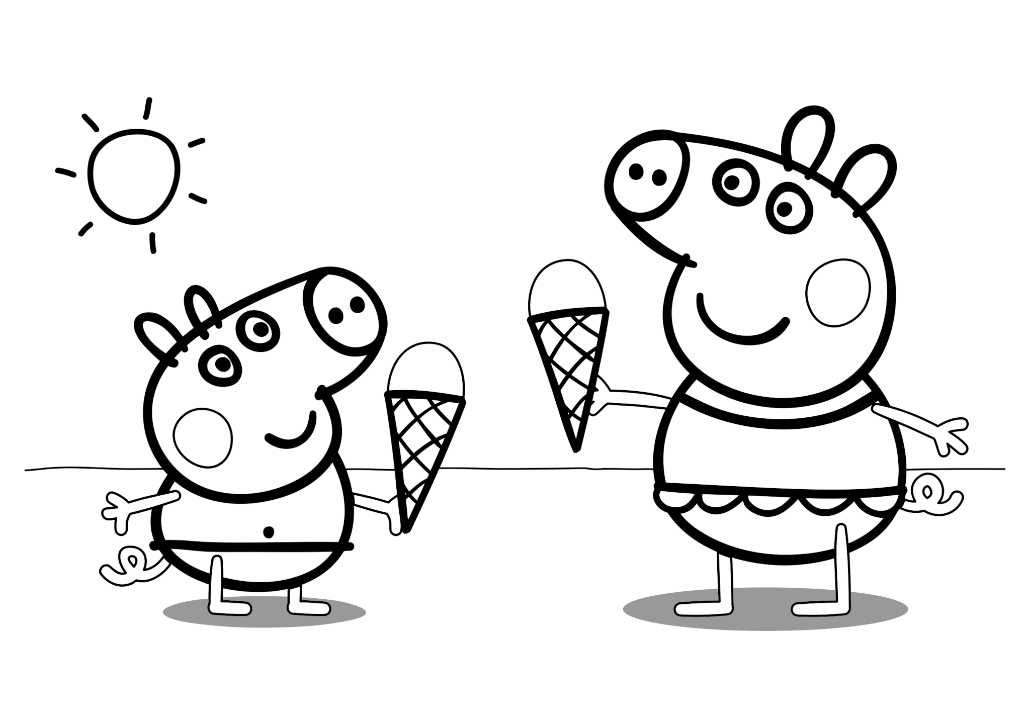 Раскраска Джордж и Пеппа едят мороженое