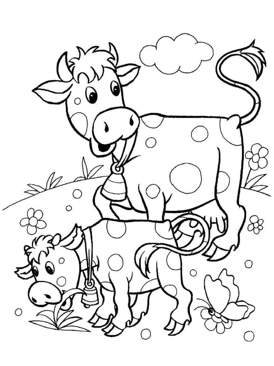 Раскраска Корова и телёнок на полянке
