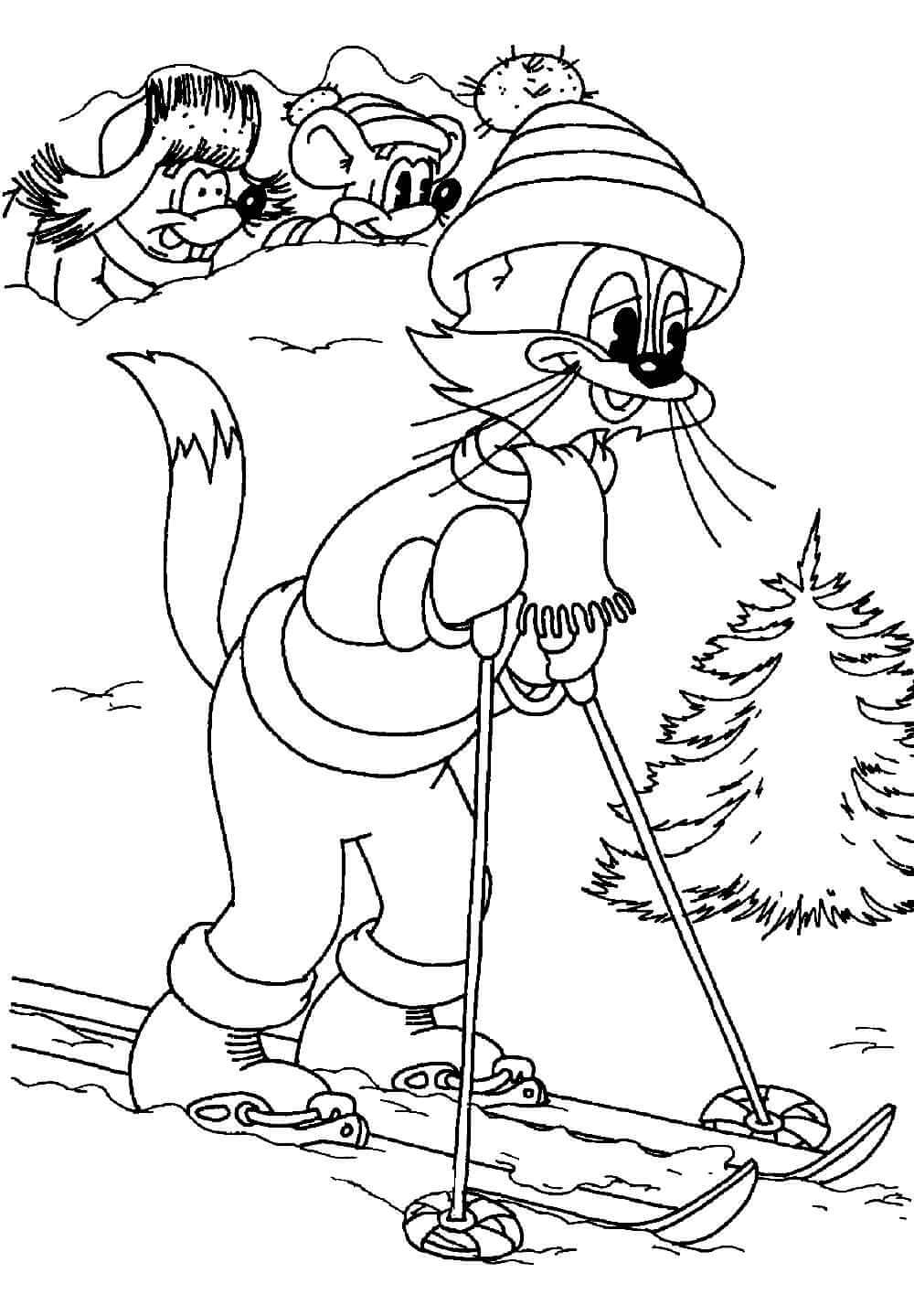Раскраска Кот Леопольд катается на лыжах
