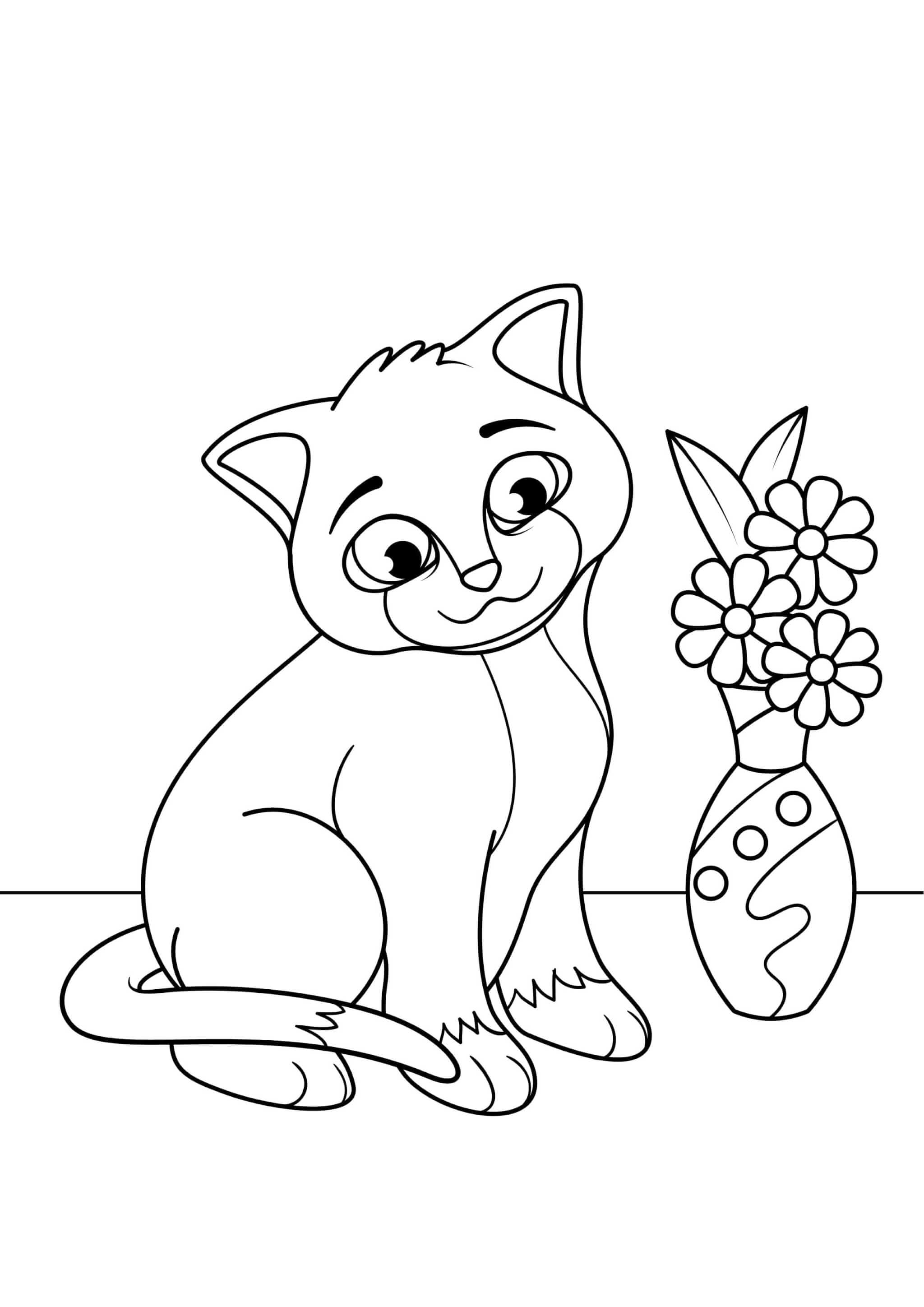 Раскраска Котёнок и цветочки