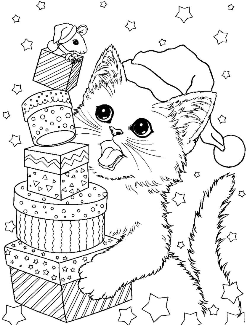 Раскраска Котёнок на Новый год