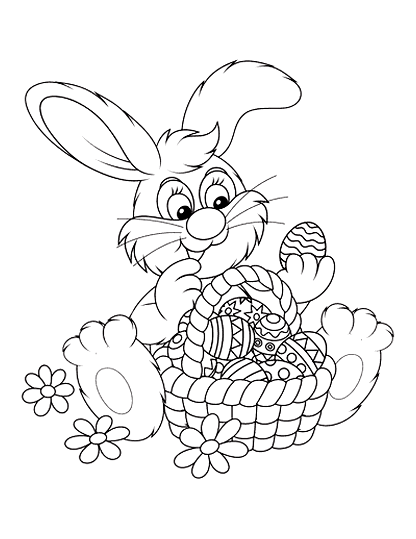 Раскраска Кролик и корзинка пасхальных яиц