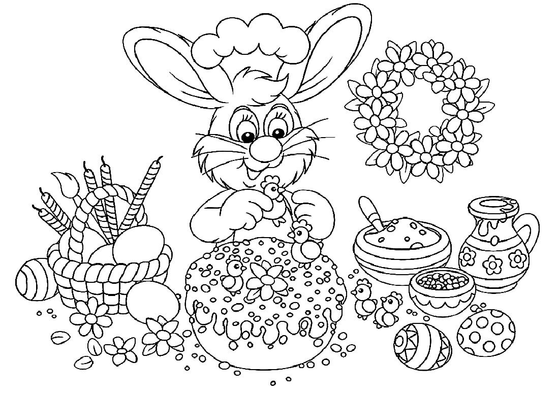 Раскраска Кролик украшает пасхальные яйца