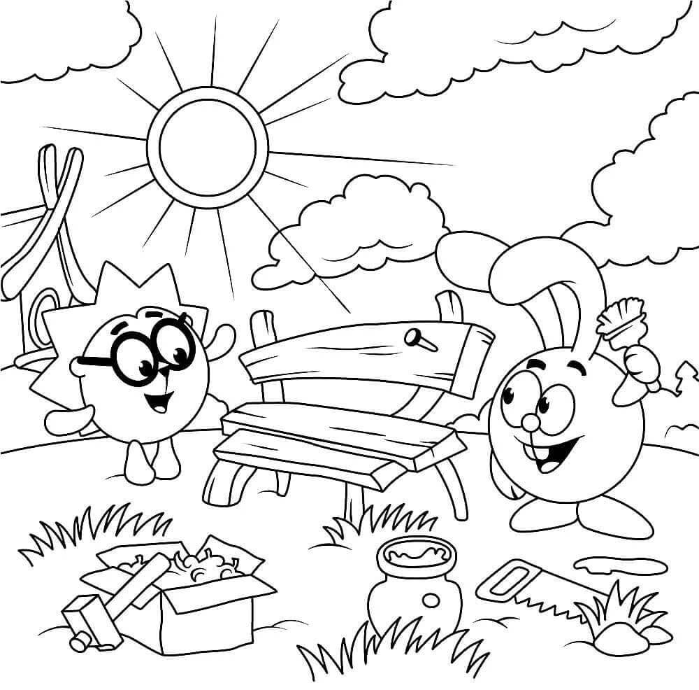 Раскраска Крош и Ёжик мастерят скамейку на лужайке