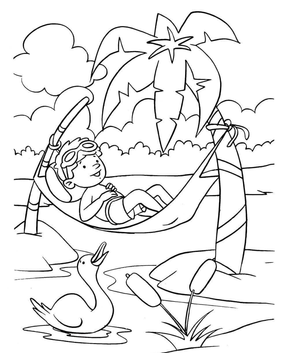 Раскраска Мальчик отдыхает на гамаке между пальмами