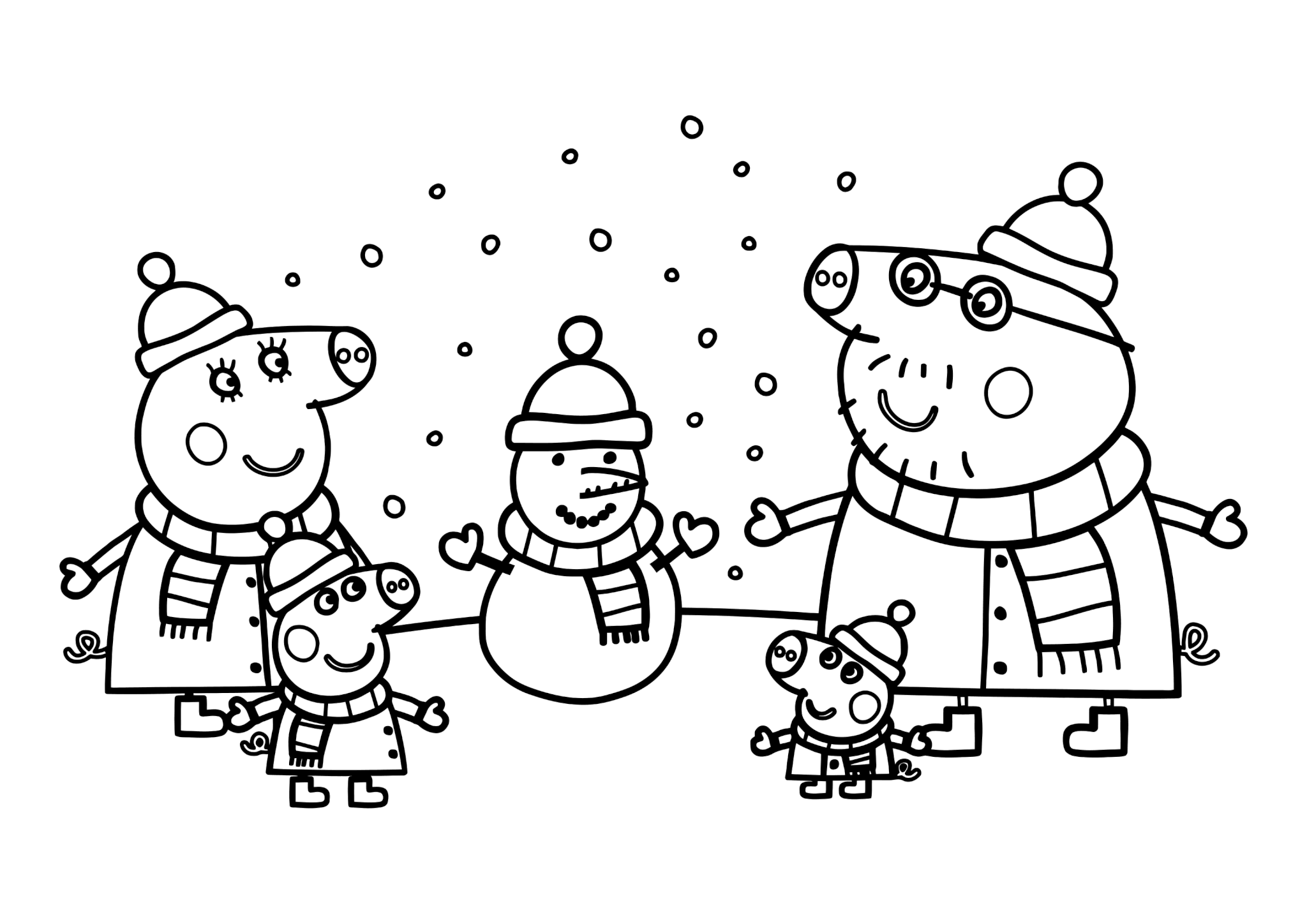 Раскраска Мама Свинка, Пеппа, Джордж, Папа Свин и снеговик