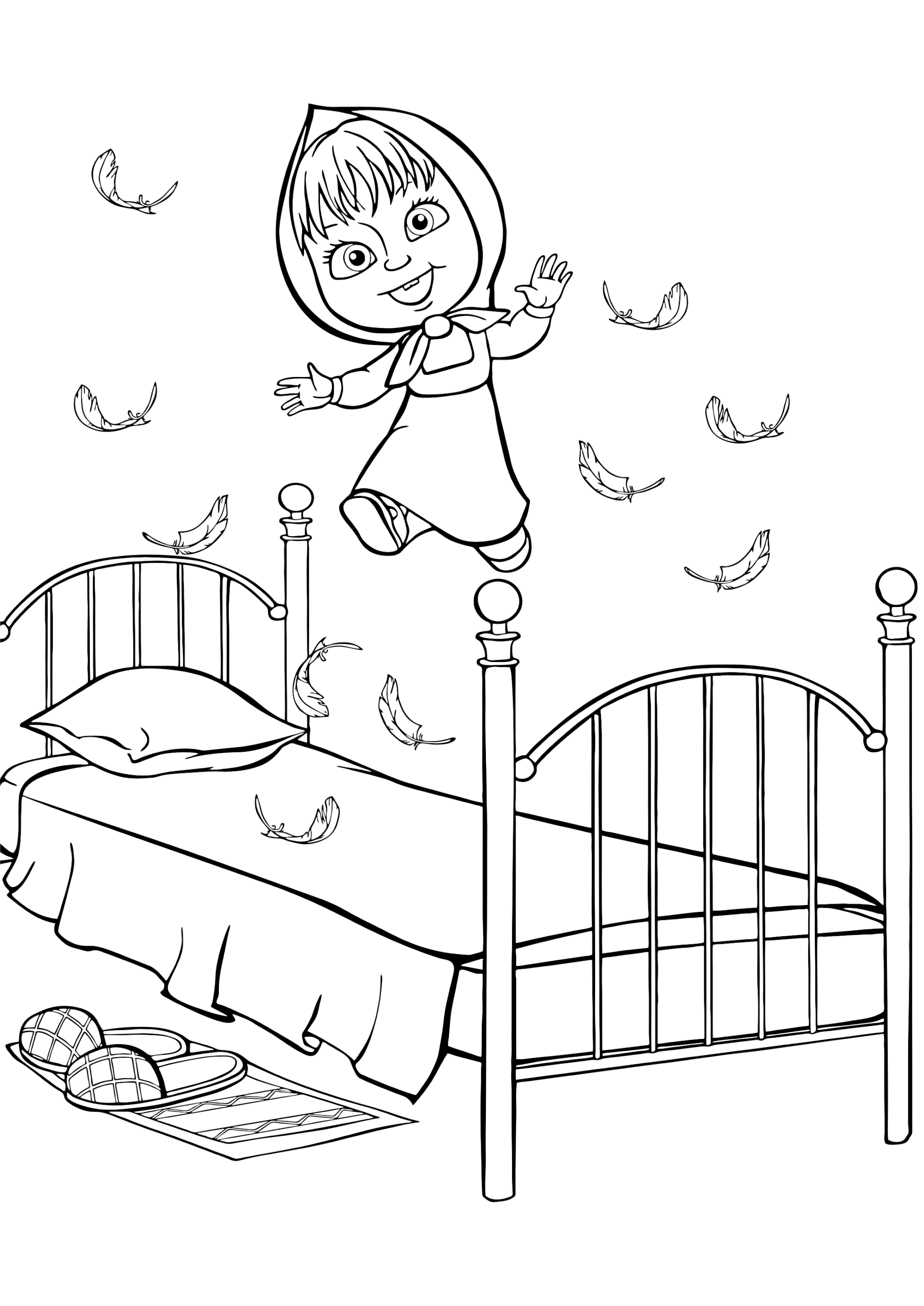 Раскраска Маша прыгает на кровати