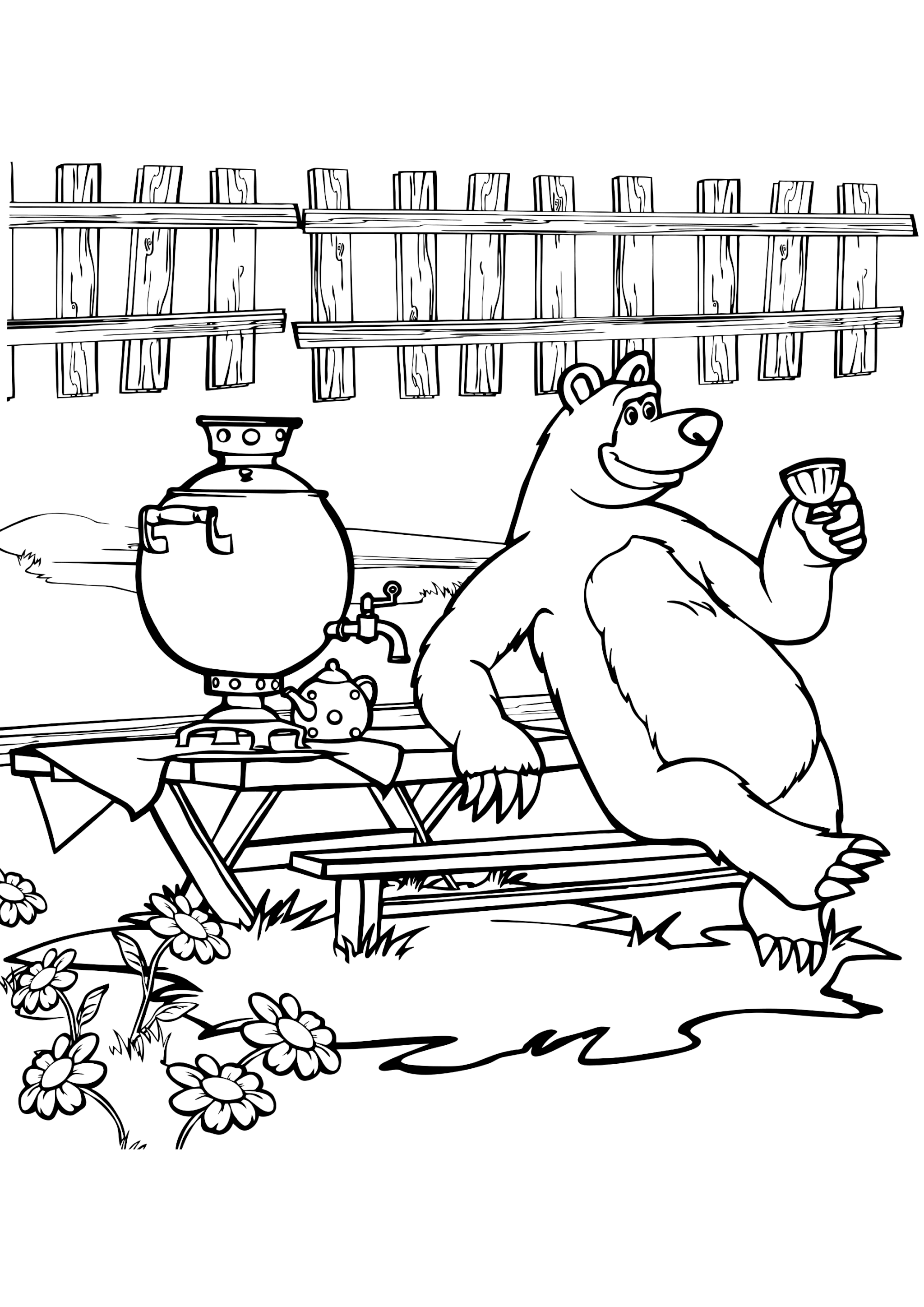 Раскраска Медведь пьёт чай