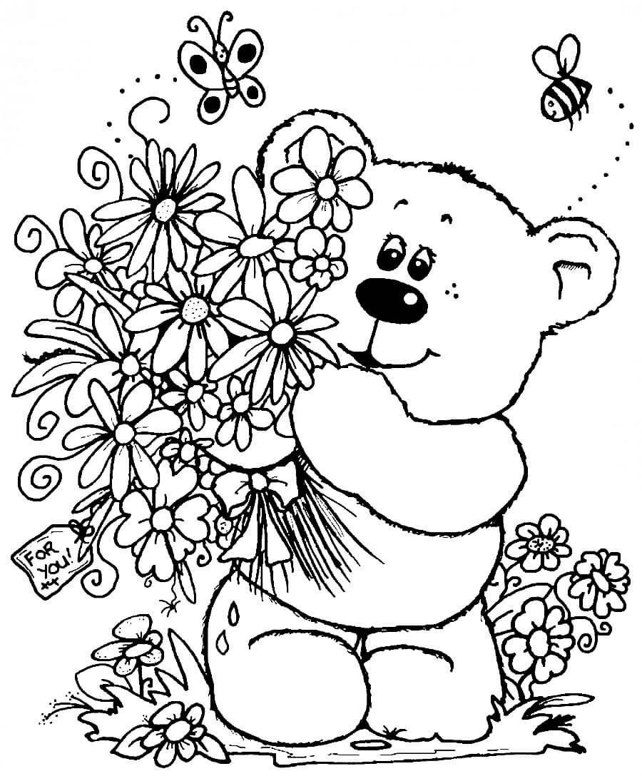 Раскраска Медвежонок с букетом цветов