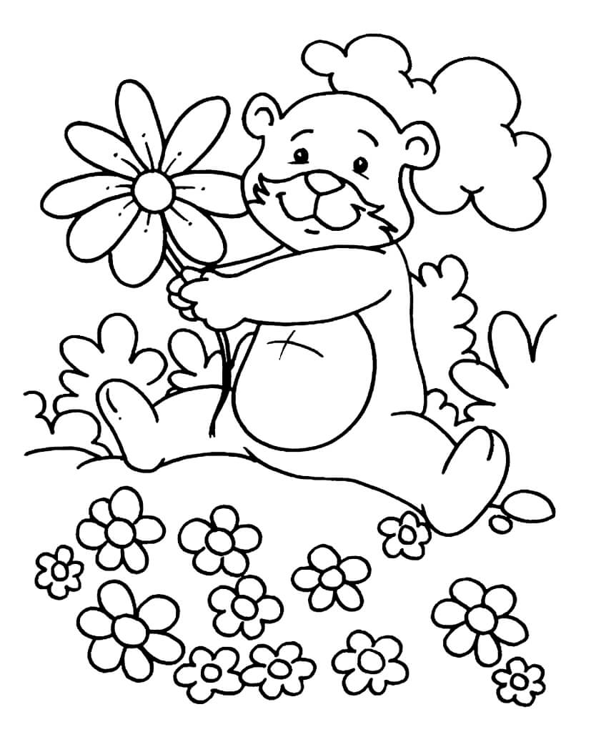 Раскраска Медвежонок с цветочками