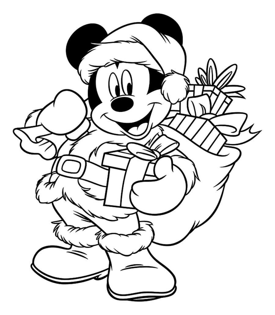 Раскраска Микки Маус и мешок с подарками