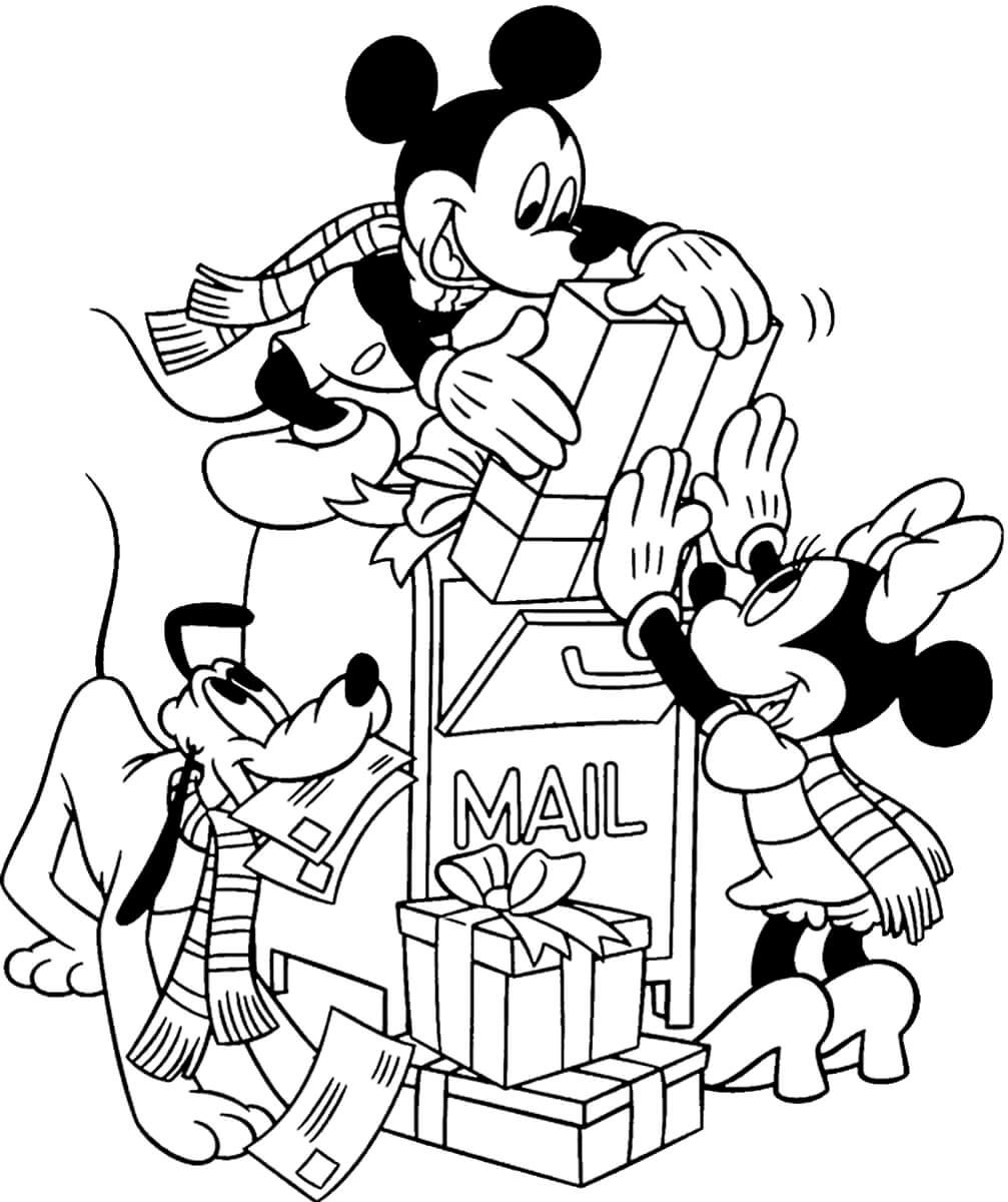 Раскраска Микки Маус, Минни Маус и Плуто отправляют подарки