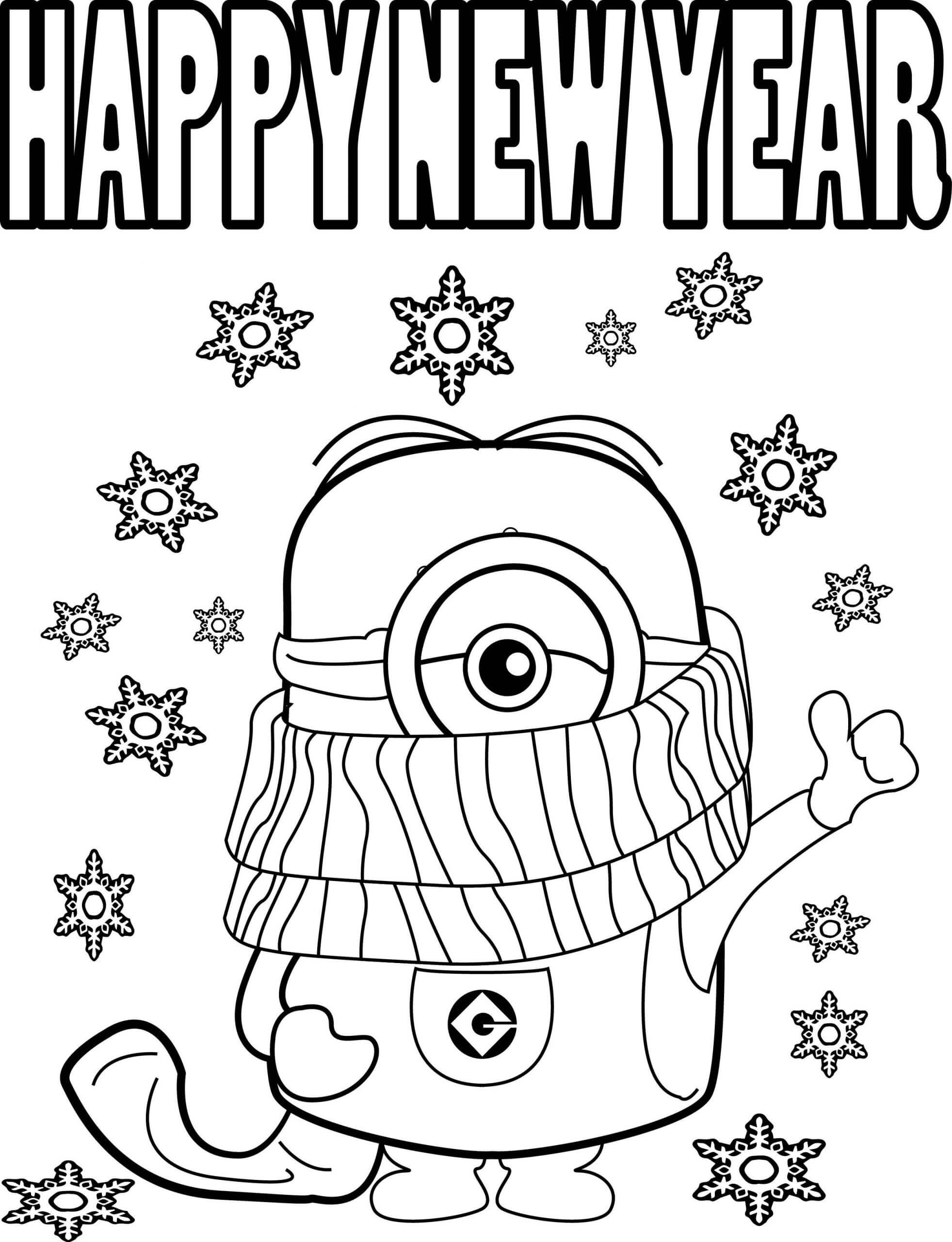 Раскраска Миньон Стюарт желает весёлого Нового года
