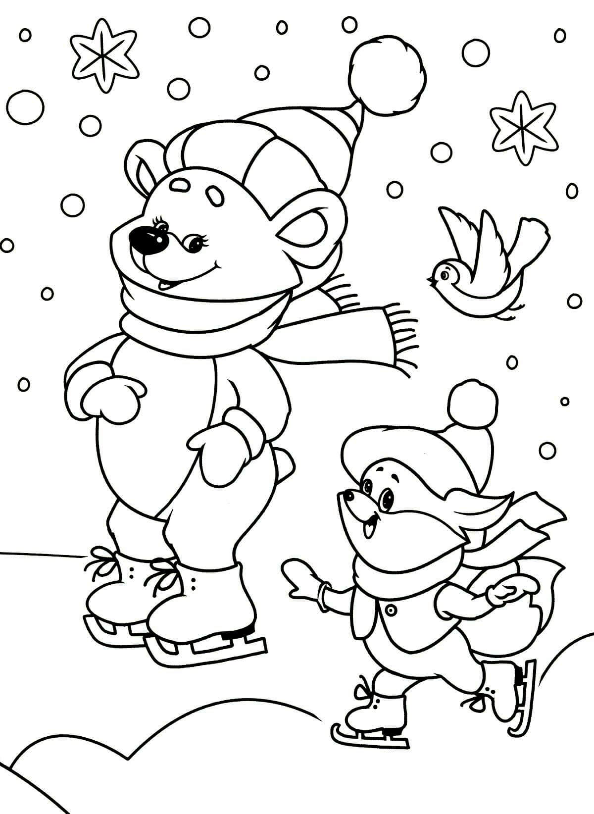 Раскраска Мишка и лисичка на коньках